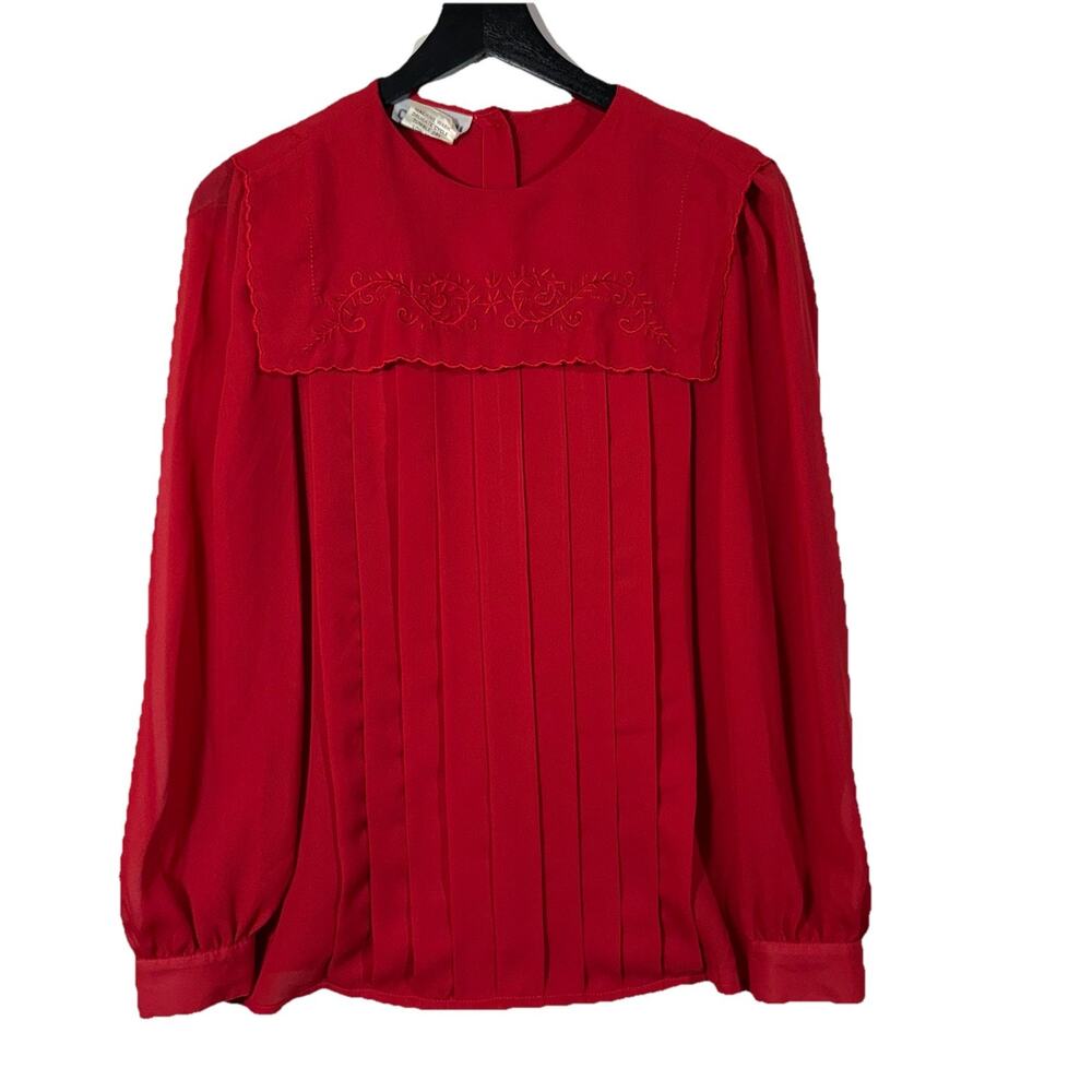 Vintage Cherry Red Blouse Pleated Top Office 80s Retro SemiSheer Square Collar 8